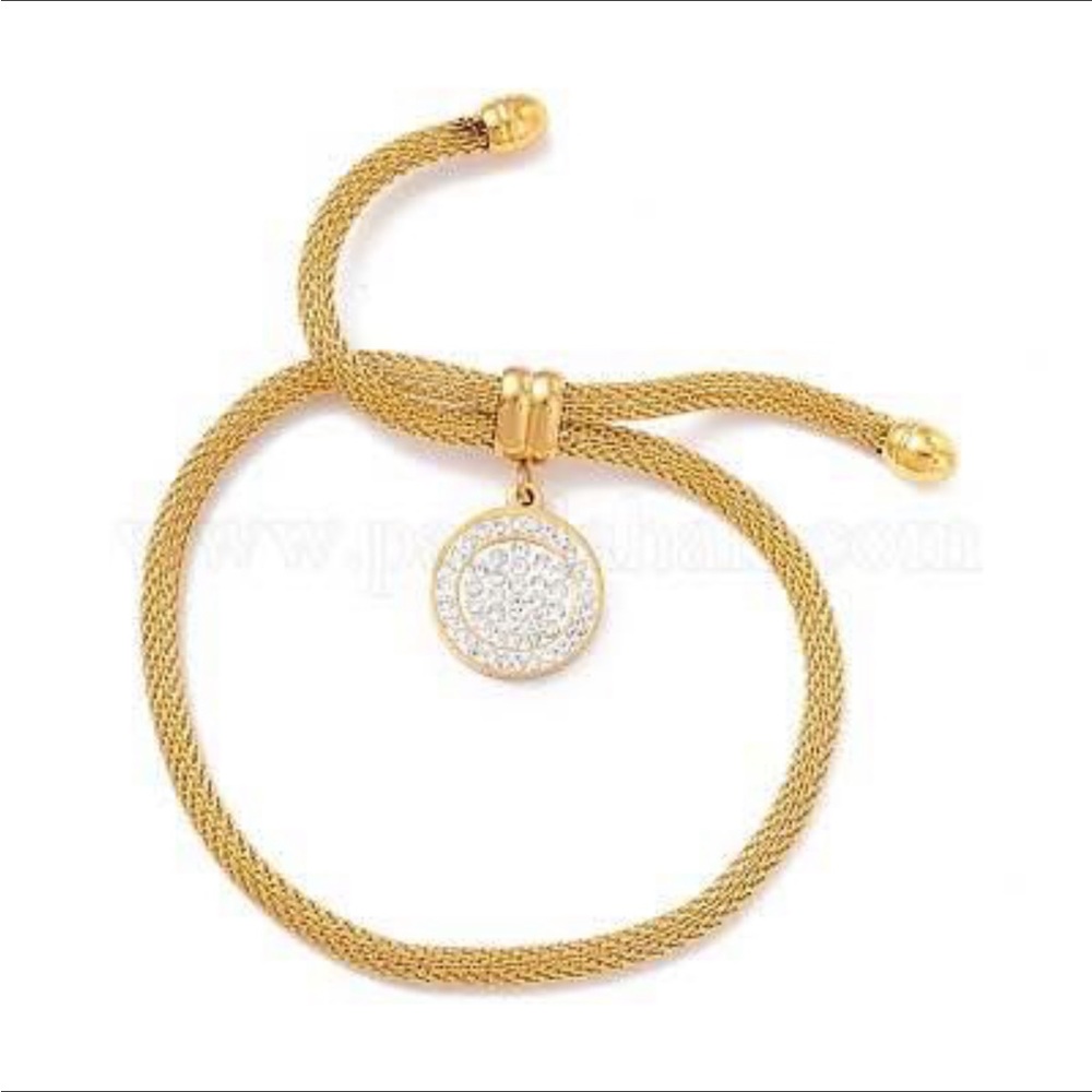 Crystal Rhinestone Flat Round Charm Slider Bracelet with Round Mesh Chain